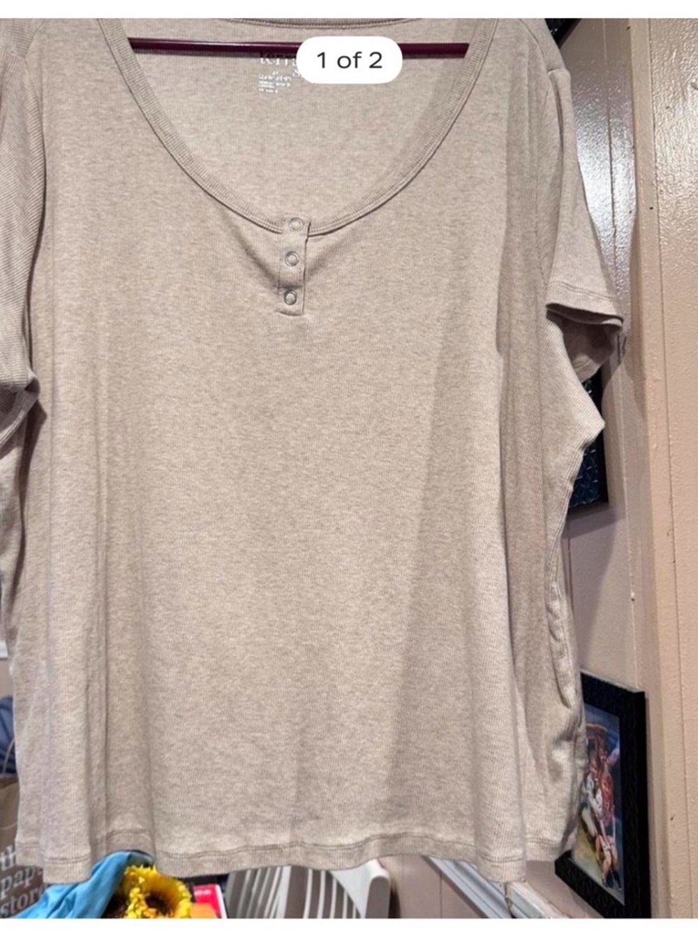 Terra & Sky Short Sleeve Henley Top in Light Taupe